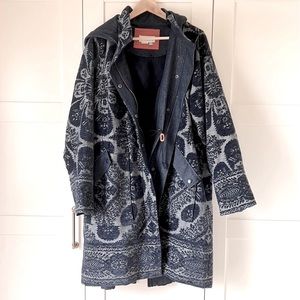Anthropologie Blue Tapestry Coat with Hood